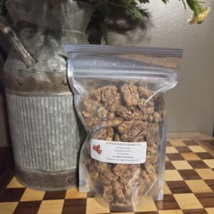 Resealable bag of candied nuts on table