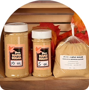 Jars and bag of pure maple sugar